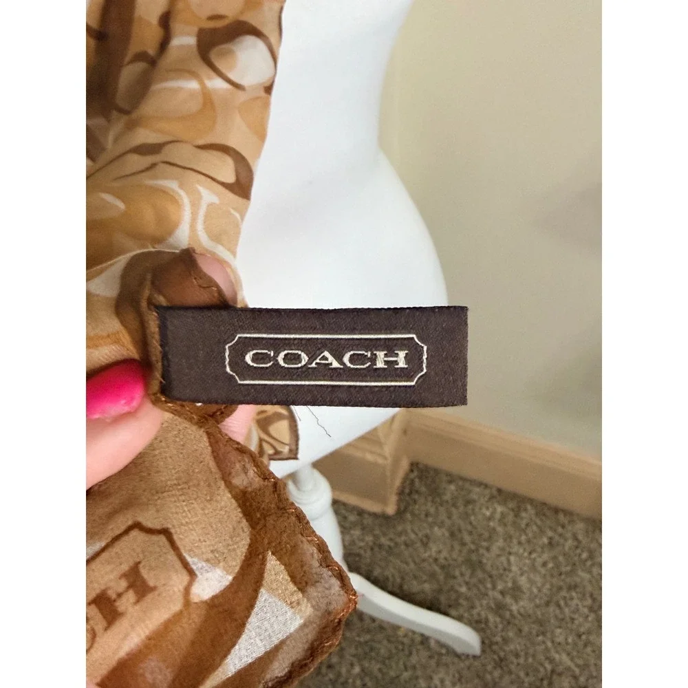 Coach Signature C Logo Oblong Scarf Brown Tan Monogram Sheer Lightweight
